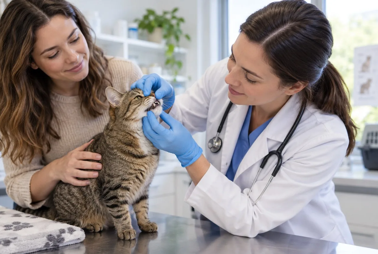 Veterinarian checking a tabby cat’s mouth while its owner supports it